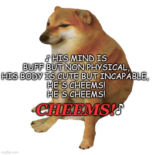 cheems theme song |  ♪ HIS MIND IS BUFF BUT NON PHYSICAL, HIS BODY IS CUTE BUT INCAPABLE, 
HE'S CHEEMS!
HE'S CHEEMS! CHEEMS! ♪ | image tagged in cheems,song lyrics,theme song | made w/ Imgflip meme maker