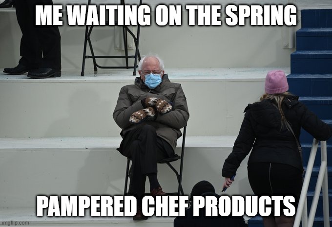 Waiting on Pampered Chef Spring Products | ME WAITING ON THE SPRING; PAMPERED CHEF PRODUCTS | image tagged in bernie sitting | made w/ Imgflip meme maker