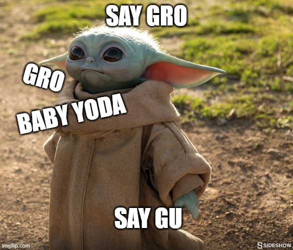 Baby yoda says Grogu | SAY GRO; GRO; BABY YODA; SAY GU | image tagged in baby yoda | made w/ Imgflip meme maker