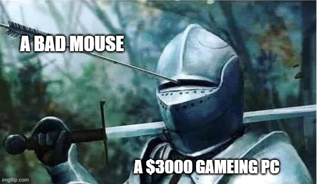 Knight with arrow in his eye | A BAD MOUSE; A $3000 GAMEING PC | image tagged in knight with arrow in his eye | made w/ Imgflip meme maker