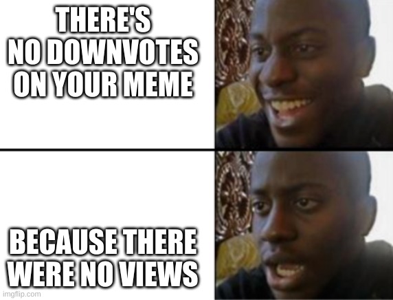 :\ | THERE'S NO DOWNVOTES ON YOUR MEME; BECAUSE THERE WERE NO VIEWS | image tagged in oh yeah oh no,memes,downvotes,views | made w/ Imgflip meme maker