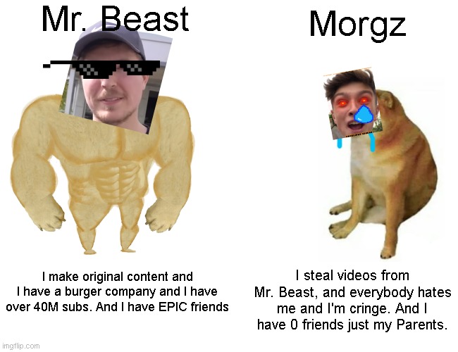 Buff Doge vs. Cheems | Mr. Beast; Morgz; I steal videos from Mr. Beast, and everybody hates me and I'm cringe. And I have 0 friends just my Parents. I make original content and I have a burger company and I have over 40M subs. And I have EPIC friends | image tagged in memes,buff doge vs cheems | made w/ Imgflip meme maker