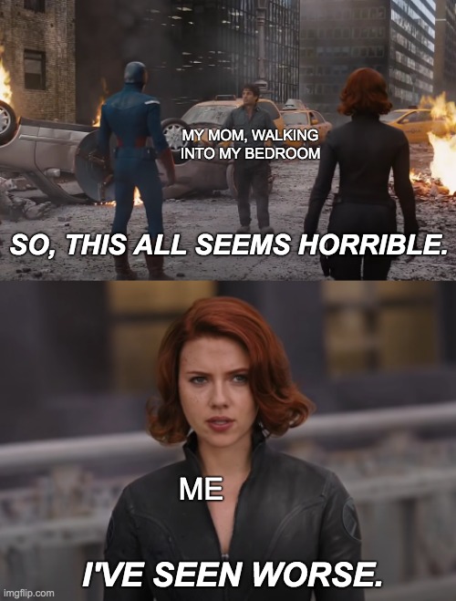 MY MOM, WALKING INTO MY BEDROOM; SO, THIS ALL SEEMS HORRIBLE. ME; I'VE SEEN WORSE. | image tagged in avengers,the avengers,bruce banner,black widow | made w/ Imgflip meme maker
