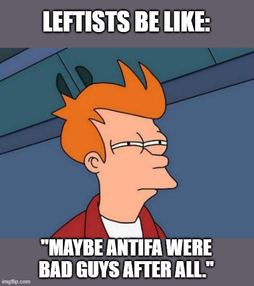 Futurama Fry Meme | LEFTISTS BE LIKE: "MAYBE ANTIFA WERE BAD GUYS AFTER ALL." | image tagged in memes,futurama fry | made w/ Imgflip meme maker