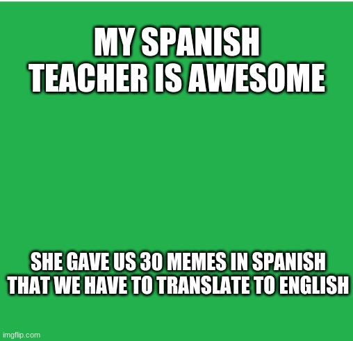 Spanish memes | MY SPANISH TEACHER IS AWESOME; SHE GAVE US 30 MEMES IN SPANISH THAT WE HAVE TO TRANSLATE TO ENGLISH | image tagged in green screen,spanish,memes,teacher | made w/ Imgflip meme maker