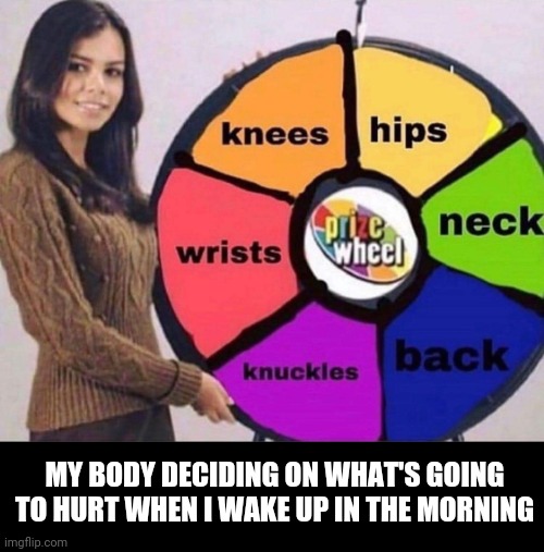 Mystery body pain | MY BODY DECIDING ON WHAT'S GOING TO HURT WHEN I WAKE UP IN THE MORNING | image tagged in pain,body,morning,ache,sleep,bed | made w/ Imgflip meme maker