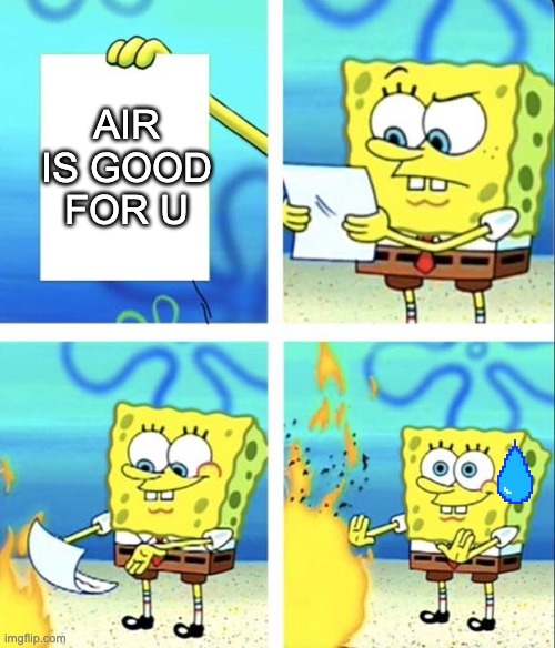 Spongebob yeet | AIR IS GOOD FOR U | image tagged in water inculded,memes,spongebob,burn paper | made w/ Imgflip meme maker