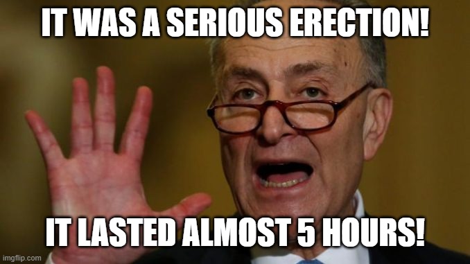 Chuck Schumer | IT WAS A SERIOUS ERECTION! IT LASTED ALMOST 5 HOURS! | image tagged in chuck schumer | made w/ Imgflip meme maker