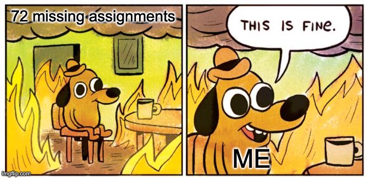 This Is Fine Meme | 72 missing assignments; ME | image tagged in memes,this is fine | made w/ Imgflip meme maker