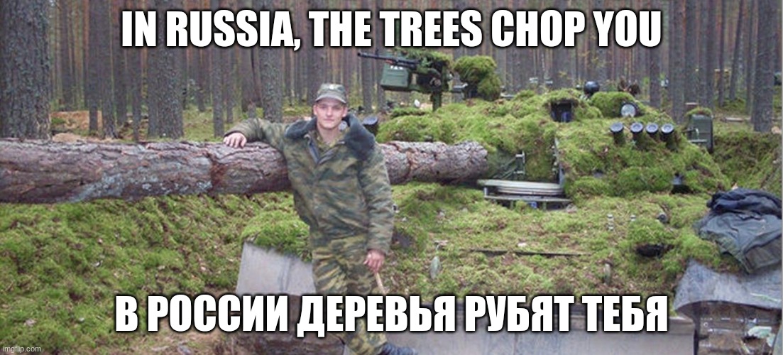 IN RUSSIA, THE TREES CHOP YOU; В РОССИИ ДЕРЕВЬЯ РУБЯТ ТЕБЯ | made w/ Imgflip meme maker