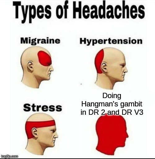 It's So Bad Post The First Game | Doing Hangman's gambit in DR 2 and DR V3 | image tagged in types of headaches meme,danganronpa | made w/ Imgflip meme maker