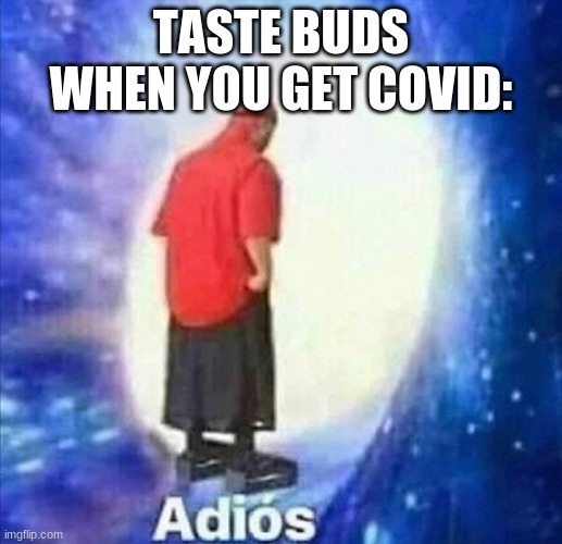Covid be like | TASTE BUDS WHEN YOU GET COVID: | image tagged in adios | made w/ Imgflip meme maker