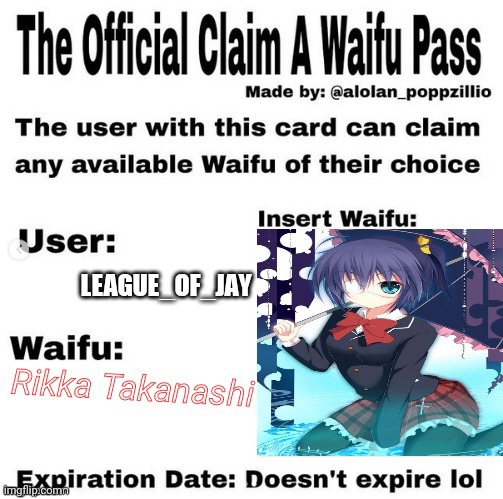 She's mine | image tagged in official claim a waifu pass,waifu,anime | made w/ Imgflip meme maker
