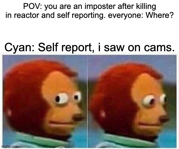 Monkey Puppet Meme | POV: you are an imposter after killing in reactor and self reporting. everyone: Where? Cyan: Self report, i saw on cams. | image tagged in memes,monkey puppet | made w/ Imgflip meme maker