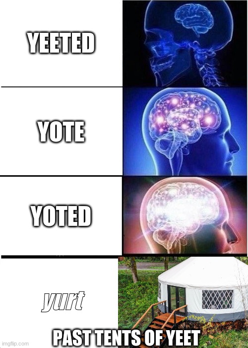 Expanding Brain | YEETED; YOTE; YOTED; yurt; PAST TENTS OF YEET | image tagged in memes,expanding brain | made w/ Imgflip meme maker