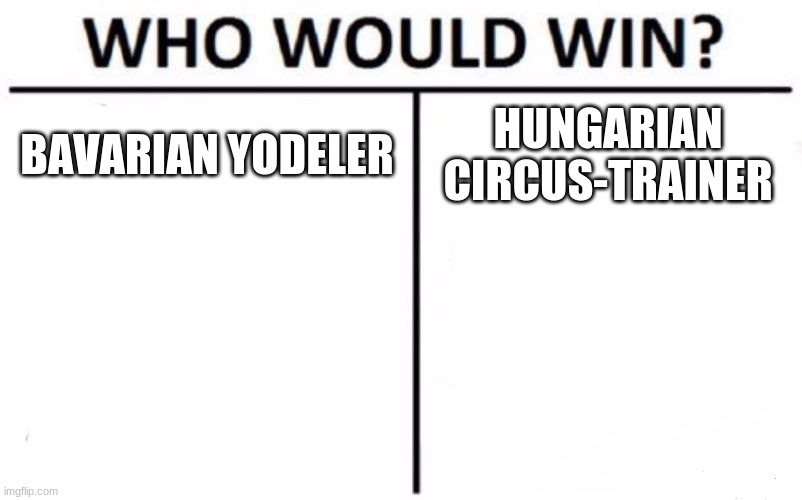 Who Would Win? | BAVARIAN YODELER; HUNGARIAN CIRCUS-TRAINER | image tagged in memes,who would win | made w/ Imgflip meme maker