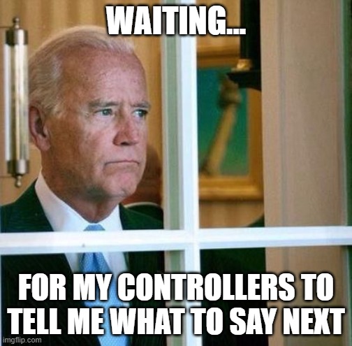 What's my next line? | WAITING... FOR MY CONTROLLERS TO TELL ME WHAT TO SAY NEXT | image tagged in sad joe biden | made w/ Imgflip meme maker