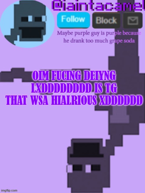 LAOLOLOKOKOKIKLOLOOKOLOKOLOLOL | OIM FUCING DEIYNG LXDDDDDDDD IS TG THAT WSA HIALRIOUS XDDDDDD | image tagged in iaintacamel | made w/ Imgflip meme maker