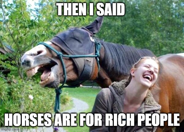Laughing Horse |  THEN I SAID; HORSES ARE FOR RICH PEOPLE | image tagged in laughing horse | made w/ Imgflip meme maker