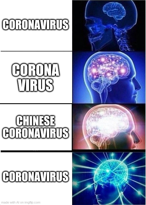 Expanding Brain | CORONAVIRUS; CORONA VIRUS; CHINESE CORONAVIRUS; CORONAVIRUS | image tagged in memes,expanding brain | made w/ Imgflip meme maker