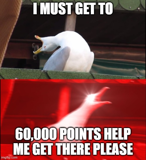 Screaming bird | I MUST GET TO; 60,000 POINTS HELP ME GET THERE PLEASE | image tagged in screaming bird | made w/ Imgflip meme maker