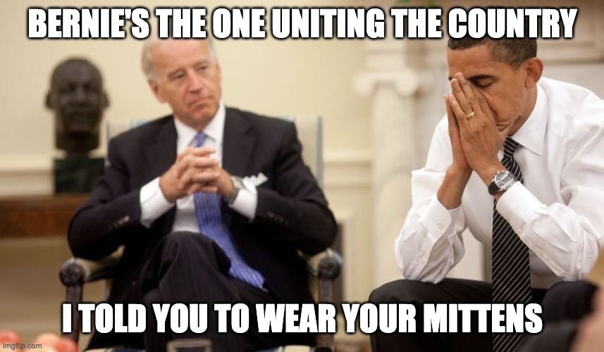 I told you to wear your mittens | BERNIE'S THE ONE UNITING THE COUNTRY; I TOLD YOU TO WEAR YOUR MITTENS | image tagged in biden obama | made w/ Imgflip meme maker