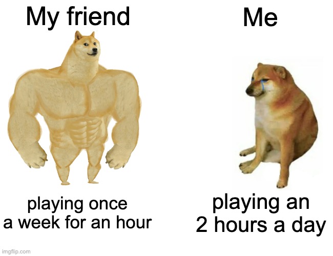rip | My friend; Me; playing once a week for an hour; playing an 2 hours a day | image tagged in memes,buff doge vs cheems | made w/ Imgflip meme maker
