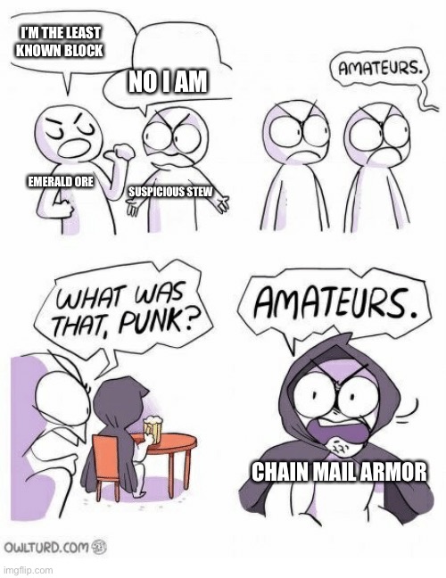 Amateurs | I’M THE LEAST KNOWN BLOCK; NO I AM; EMERALD ORE; SUSPICIOUS STEW; CHAIN MAIL ARMOR | image tagged in amateurs | made w/ Imgflip meme maker