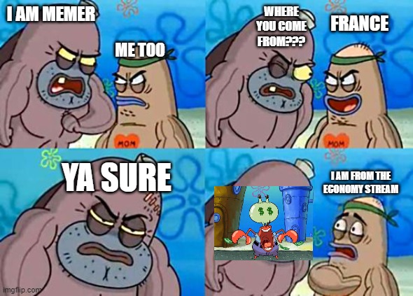 sorry for the bad meme |  WHERE YOU COME FROM??? FRANCE; I AM MEMER; ME TOO; YA SURE; I AM FROM THE ECONOMY STREAM | image tagged in welcome to the salty spitoon | made w/ Imgflip meme maker
