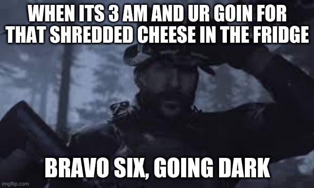 Bravo Six, going dark | WHEN ITS 3 AM AND UR GOIN FOR THAT SHREDDED CHEESE IN THE FRIDGE; BRAVO SIX, GOING DARK | image tagged in bravo six going dark | made w/ Imgflip meme maker