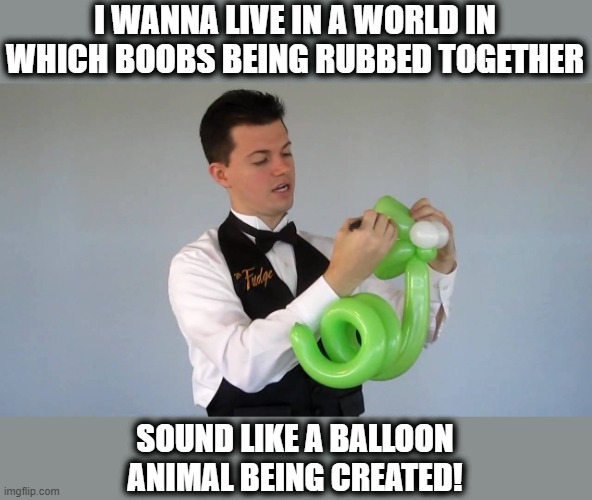 I WANNA LIVE IN A WORLD IN WHICH BOOBS BEING RUBBED TOGETHER SOUND LIKE A BALLOON ANIMAL BEING CREATED! | made w/ Imgflip meme maker