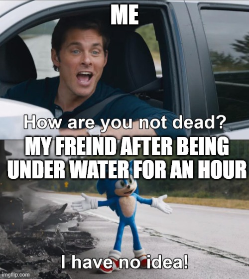 How are you not dead |  ME; MY FREIND AFTER BEING UNDER WATER FOR AN HOUR | image tagged in how are you not dead | made w/ Imgflip meme maker