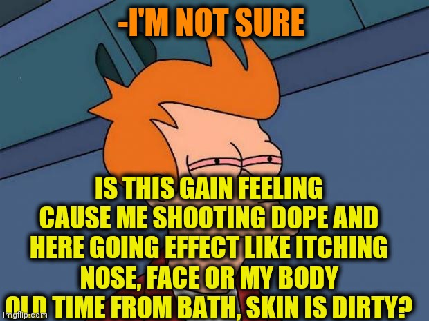 -What is disturbing? | -I'M NOT SURE; IS THIS GAIN FEELING CAUSE ME SHOOTING DOPE AND HERE GOING EFFECT LIKE ITCHING NOSE, FACE OR MY BODY OLD TIME FROM BATH, SKIN IS DIRTY? | image tagged in stoned fry,not sure if,shooting,dope,bathroom,dirty joke | made w/ Imgflip meme maker