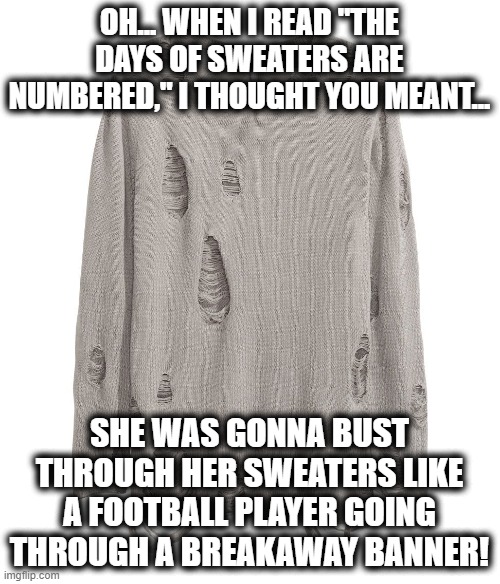 OH... WHEN I READ "THE DAYS OF SWEATERS ARE NUMBERED," I THOUGHT YOU MEANT... SHE WAS GONNA BUST THROUGH HER SWEATERS LIKE A FOOTBALL PLAYER | made w/ Imgflip meme maker