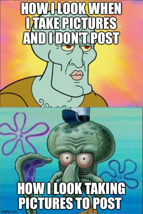 Squidward | HOW I LOOK WHEN I TAKE PICTURES AND I DON'T POST; HOW I LOOK TAKING PICTURES TO POST | image tagged in memes,squidward | made w/ Imgflip meme maker