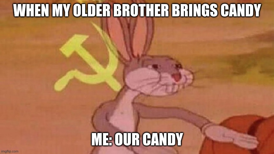 Our meme | WHEN MY OLDER BROTHER BRINGS CANDY; ME: OUR CANDY | image tagged in our meme | made w/ Imgflip meme maker