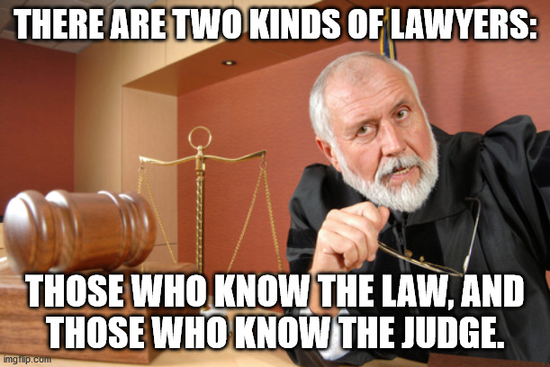 Today's Lawyer Joke | THERE ARE TWO KINDS OF LAWYERS:; THOSE WHO KNOW THE LAW, AND
THOSE WHO KNOW THE JUDGE. | image tagged in humor,funny,fun,lawyer,lawyer joke,judge | made w/ Imgflip meme maker