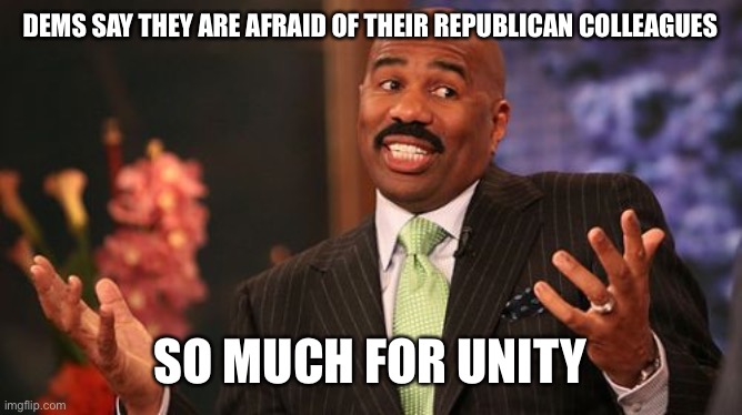 Dems concerned with Republicans carrying guns into session.  Is this paranoia going too far?? | DEMS SAY THEY ARE AFRAID OF THEIR REPUBLICAN COLLEAGUES; SO MUCH FOR UNITY | image tagged in memes,steve harvey | made w/ Imgflip meme maker