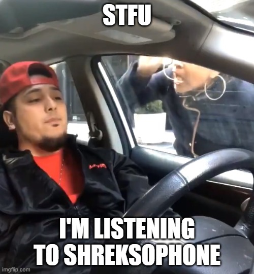 stfu im listening to | STFU; I'M LISTENING TO SHREKSOPHONE | image tagged in stfu im listening to | made w/ Imgflip meme maker