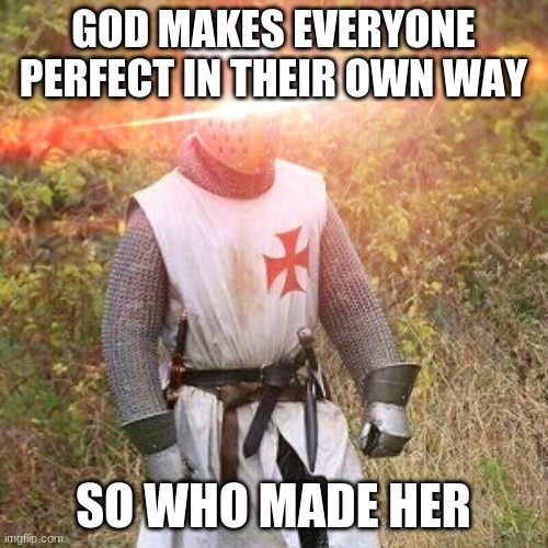 Woke Crusader | GOD MAKES EVERYONE PERFECT IN THEIR OWN WAY SO WHO MADE HER | image tagged in woke crusader | made w/ Imgflip meme maker