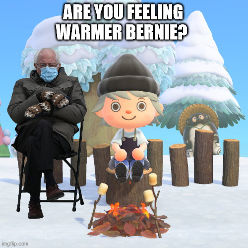 Bernie Sanders | ARE YOU FEELING WARMER BERNIE? | image tagged in bernie sanders,bernie sanders mittens,acnh,animal crossing new horizons | made w/ Imgflip meme maker