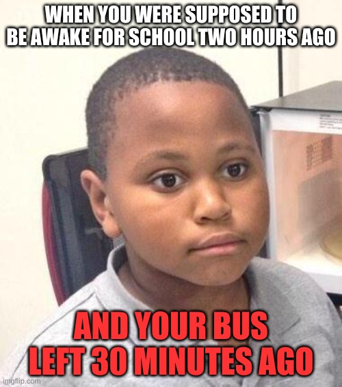 School Memes | WHEN YOU WERE SUPPOSED TO BE AWAKE FOR SCHOOL TWO HOURS AGO; AND YOUR BUS LEFT 30 MINUTES AGO | image tagged in memes,minor mistake marvin | made w/ Imgflip meme maker