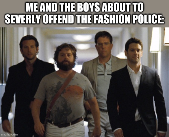 Hangover guys | ME AND THE BOYS ABOUT TO SEVERLY OFFEND THE FASHION POLICE: | image tagged in hangover guys | made w/ Imgflip meme maker