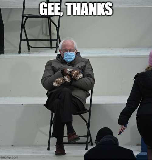 Bernie Mittens Gee Thanks | GEE, THANKS | image tagged in bernie mittens,thanks,gee thanks | made w/ Imgflip meme maker