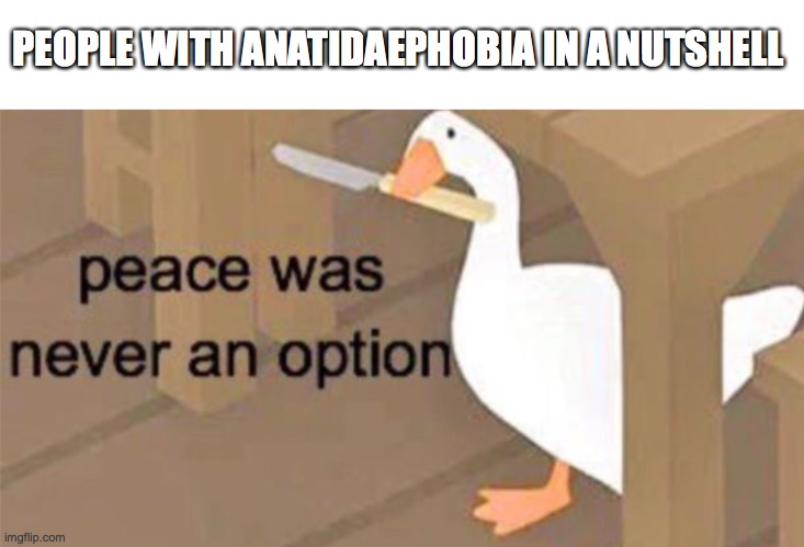 Untitled Goose Peace Was Never an Option | PEOPLE WITH ANATIDAEPHOBIA IN A NUTSHELL | image tagged in untitled goose peace was never an option | made w/ Imgflip meme maker