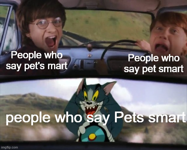The one true way of saying Pet'smart |  People who say pet's mart; People who say pet smart; people who say Pets smart | image tagged in tom chasing harry and ron weasly | made w/ Imgflip meme maker