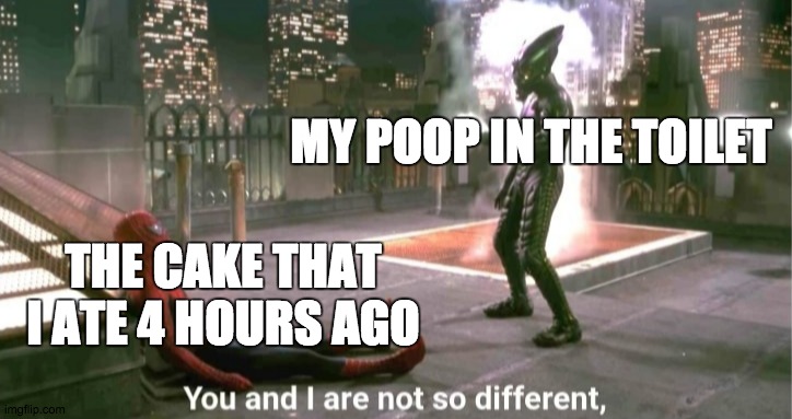 You and i are not so diffrent | MY POOP IN THE TOILET; THE CAKE THAT I ATE 4 HOURS AGO | image tagged in you and i are not so diffrent | made w/ Imgflip meme maker