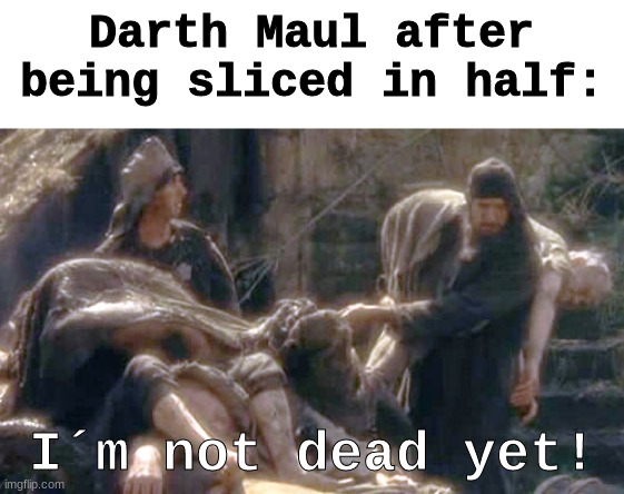 I'm not dead yet | Darth Maul after being sliced in half:; I´m not dead yet! | image tagged in i'm not dead yet,darth maul,star wars,qui gon jinn | made w/ Imgflip meme maker