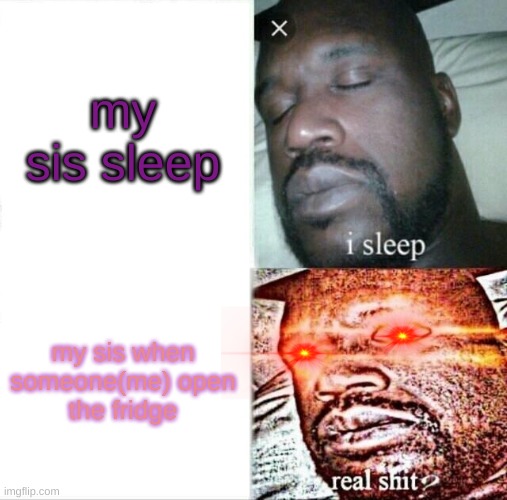 Sleeping Shaq Meme | my sis sleep; my sis when someone(me) open
the fridge | image tagged in memes,sleeping shaq | made w/ Imgflip meme maker