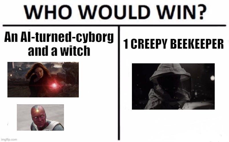I vote the bees | An AI-turned-cyborg and a witch; 1 CREEPY BEEKEEPER | image tagged in memes,who would win,marvel | made w/ Imgflip meme maker